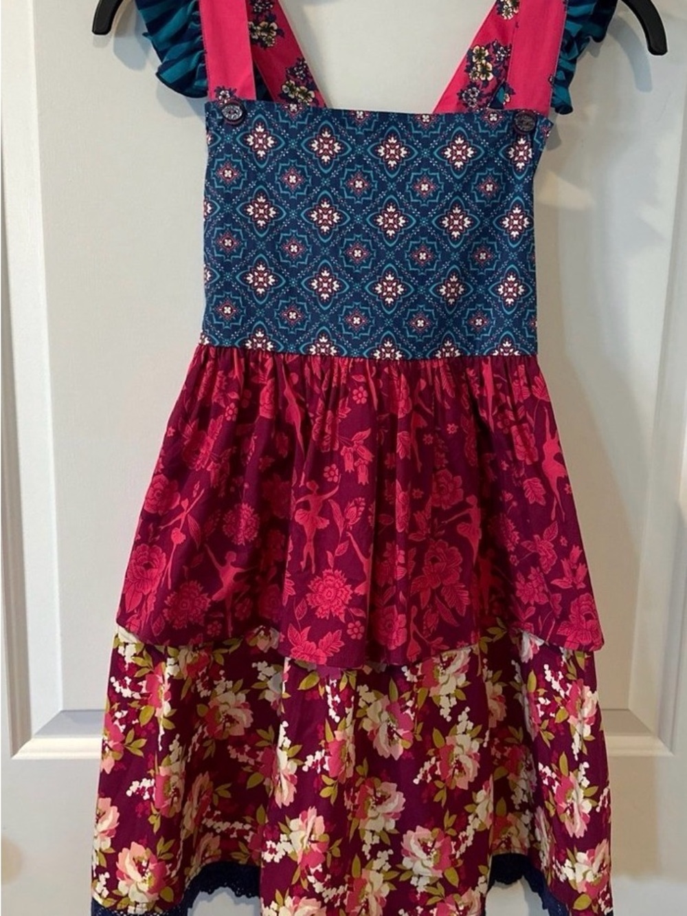Wildflowers Pink and Teal Mixed-Print Tiered Sundress